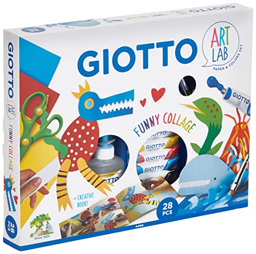 GIOTTO - Art Lab: Funny Collage - Kit Creativo per Collage - 1 Album Giotto Kids Carta Colorata + 5 Tempere in Tubetto + 1 Colla Giotto Collage + 1 Pennello Piatto Taklon + 1 Paio di Forbici